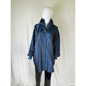 Vintage 90s petrol blue silk blend tunic top with gathered shawl collar.
